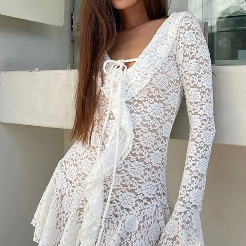 Lace Ruffle Tie Waist Mini Dress - Image 3