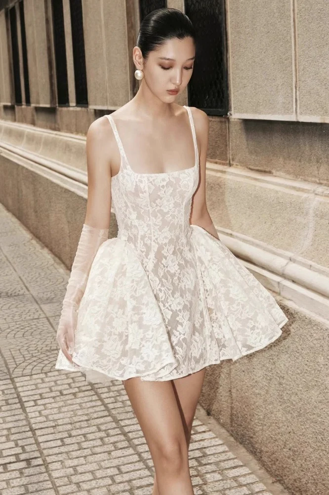 Lace Ruffled Waist Mini Party Dress - Image 3