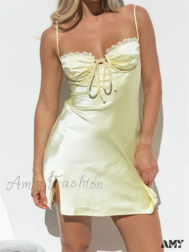 Amy Fashion - Lace Satin Sleeveless Spaghetti Strap Front Tie up Mini Dress