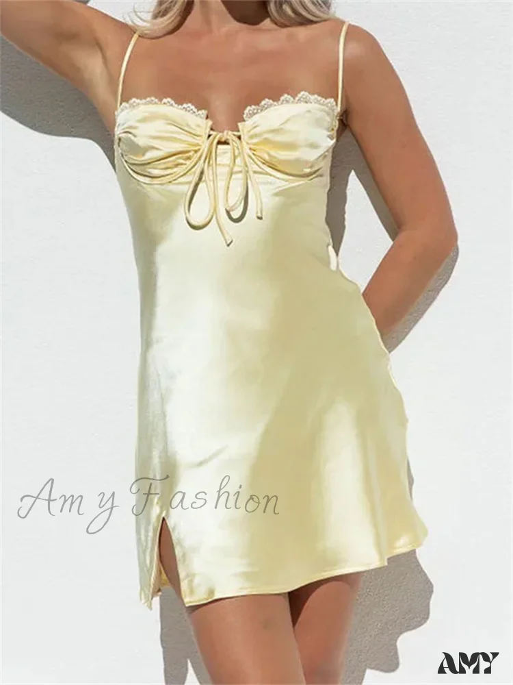 Amy Fashion - Lace Satin Sleeveless Spaghetti Strap Front Tie up Mini Dress - Image 3