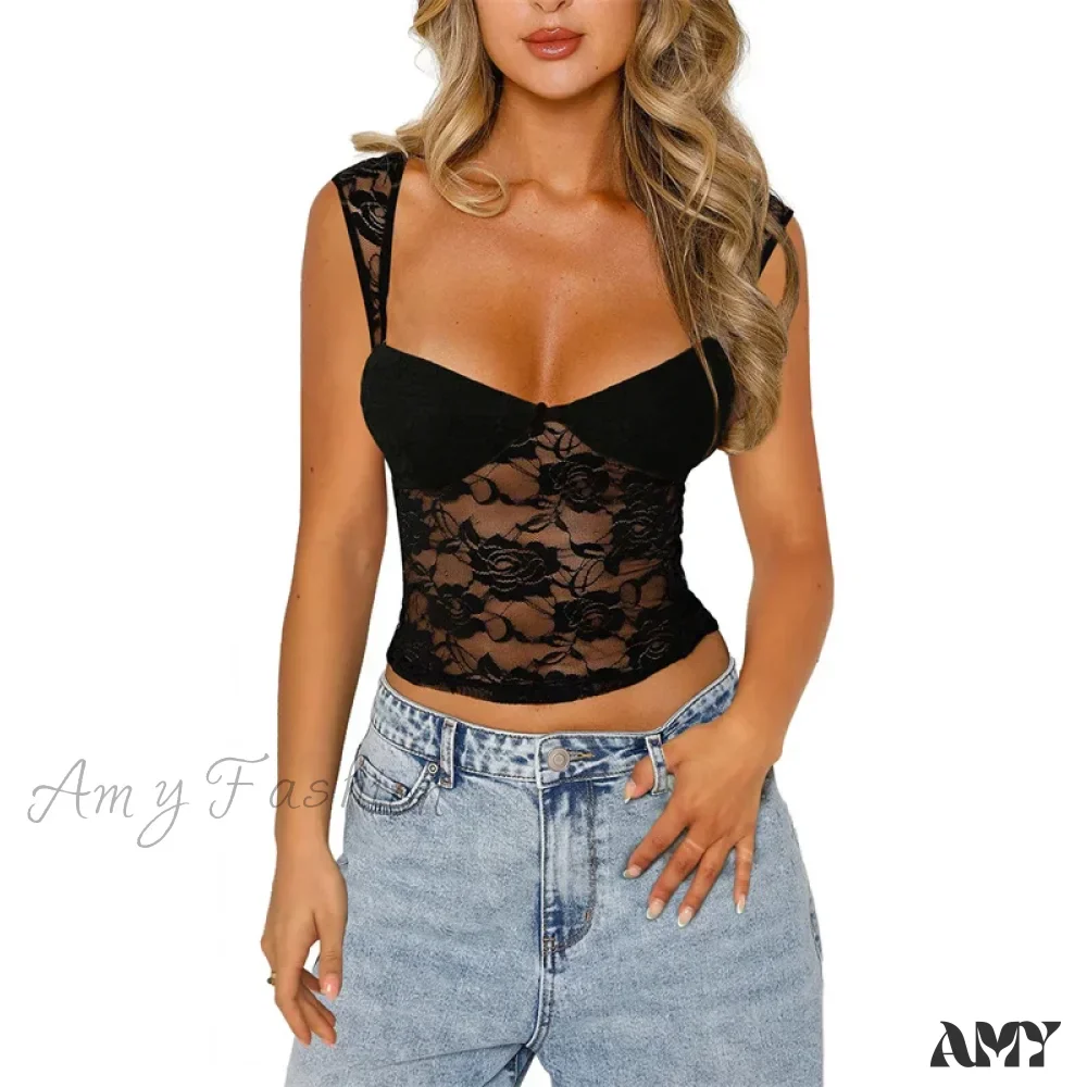 Lace Sheer See Through Sleeveless Cropped Mesh Vest Evening Party Clubwear Crop Top - Image 2