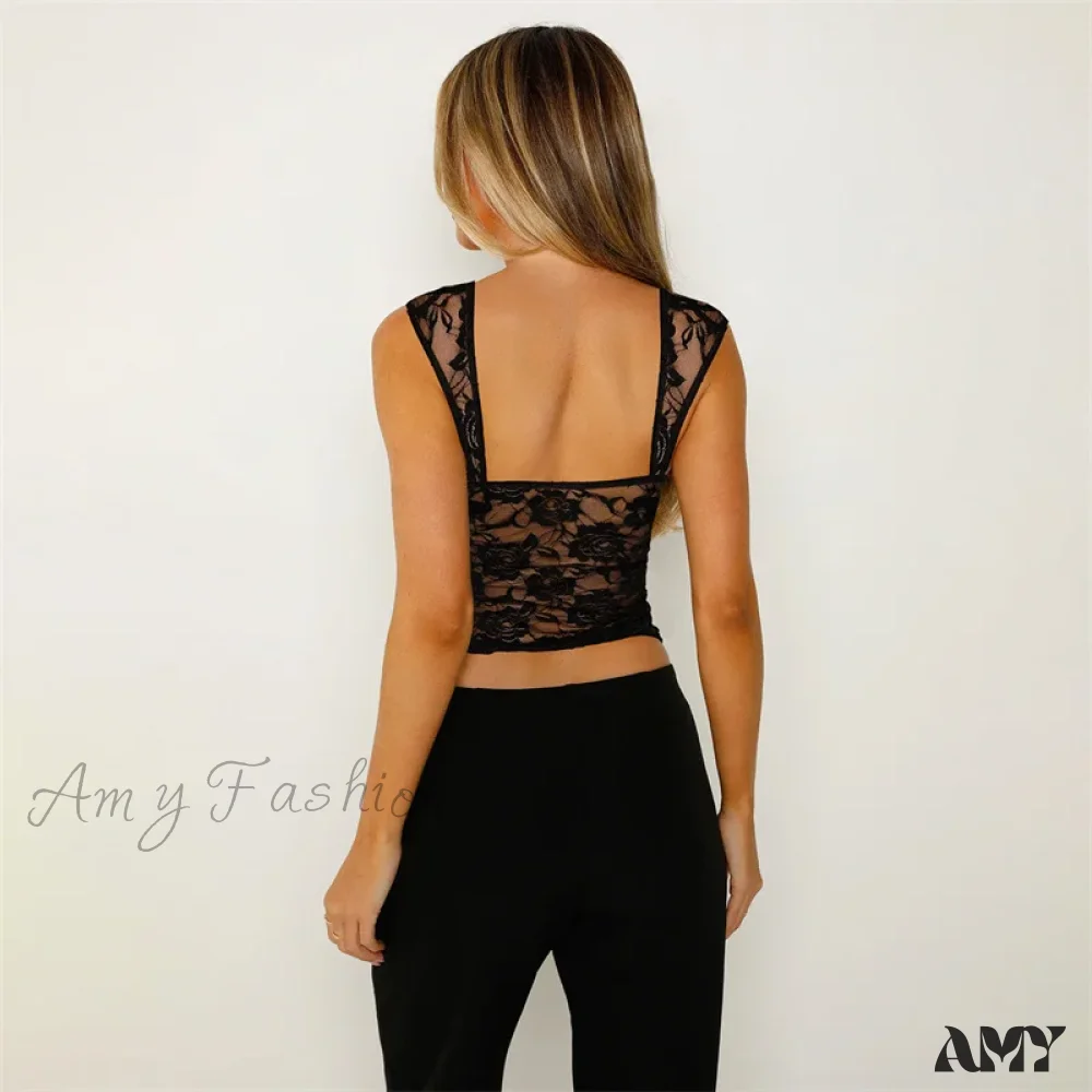 Lace Sheer See Through Sleeveless Cropped Mesh Vest Evening Party Clubwear Crop Top - Image 3