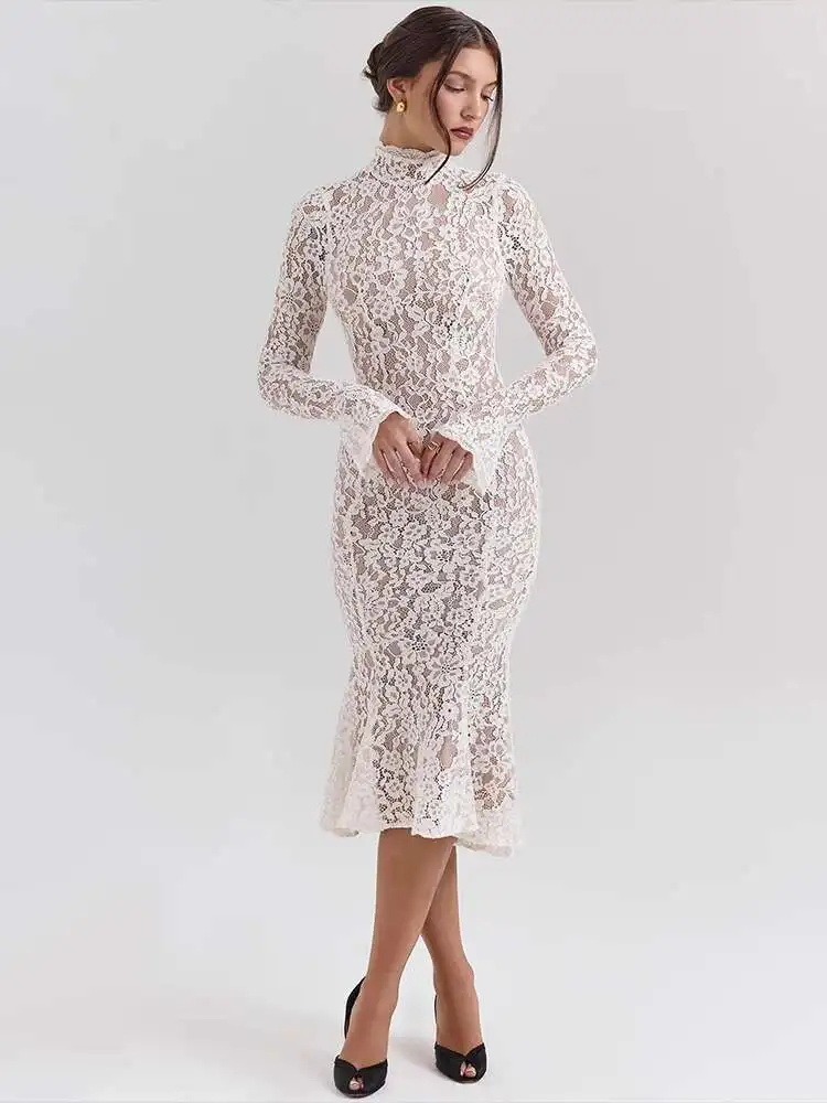 Lace Slim Bodycon Lined Midi Dress - Image 4