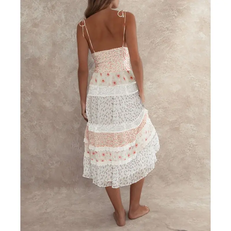 Lace Trim V-Neck Floral Vacation Dress - Image 3