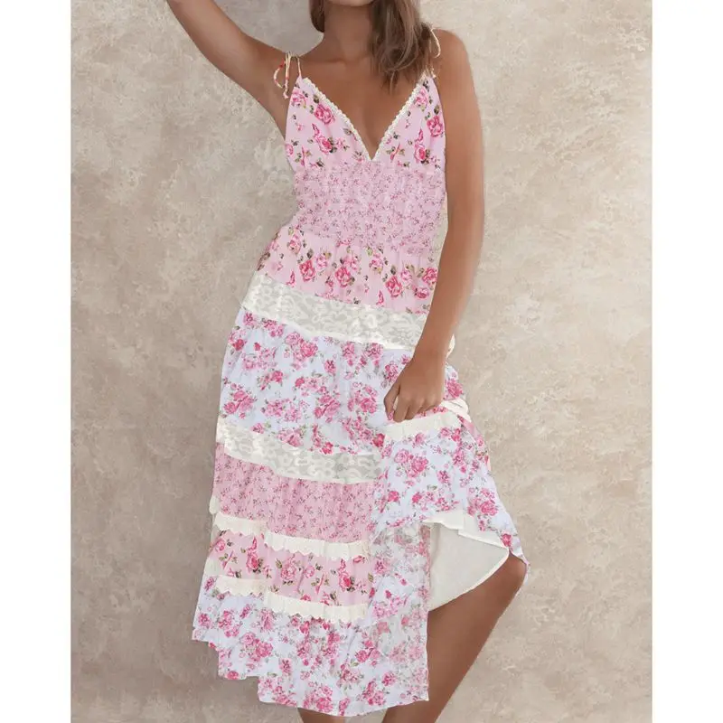 Lace Trim V-Neck Floral Vacation Dress - Image 4
