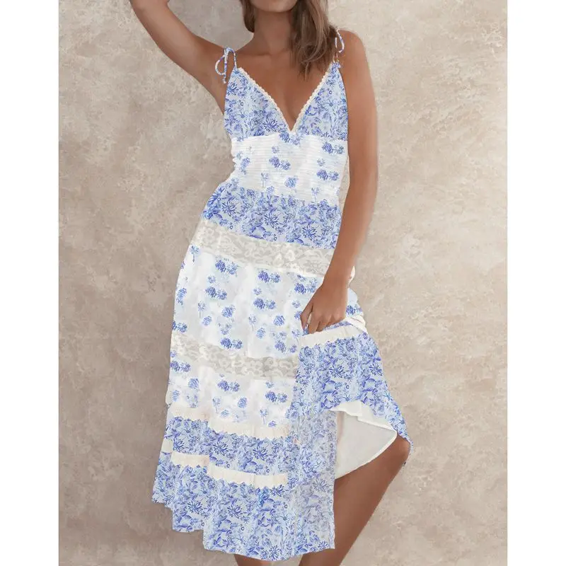 Lace Trim V-Neck Floral Vacation Dress - Image 5