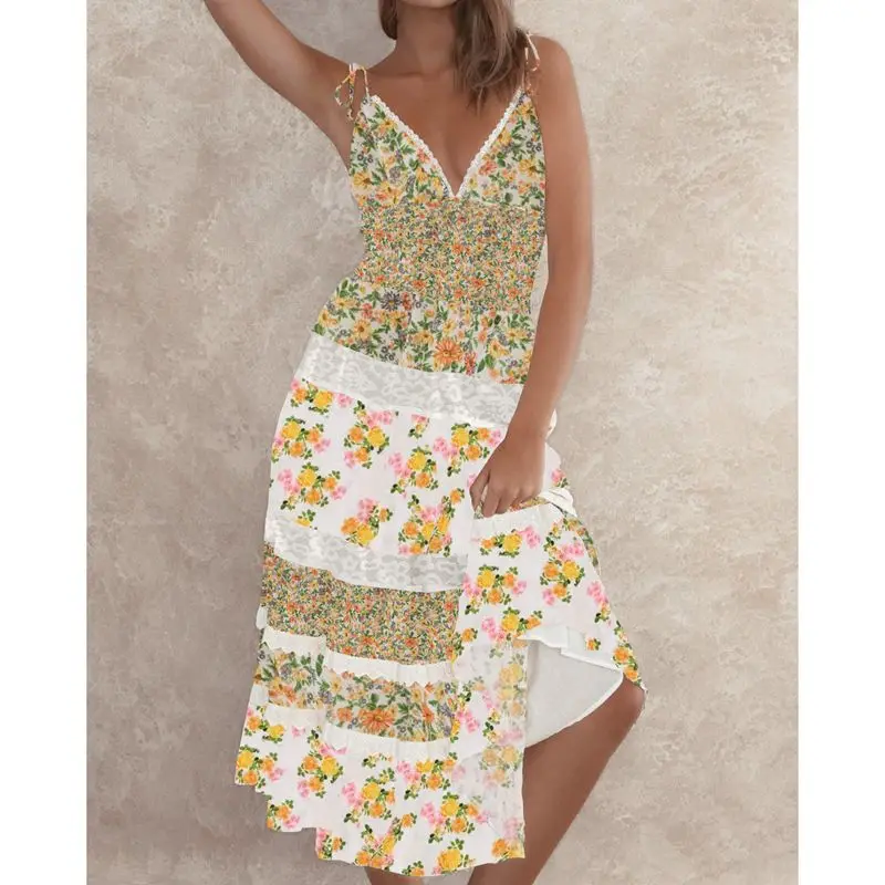 Lace Trim V-Neck Floral Vacation Dress - Image 6