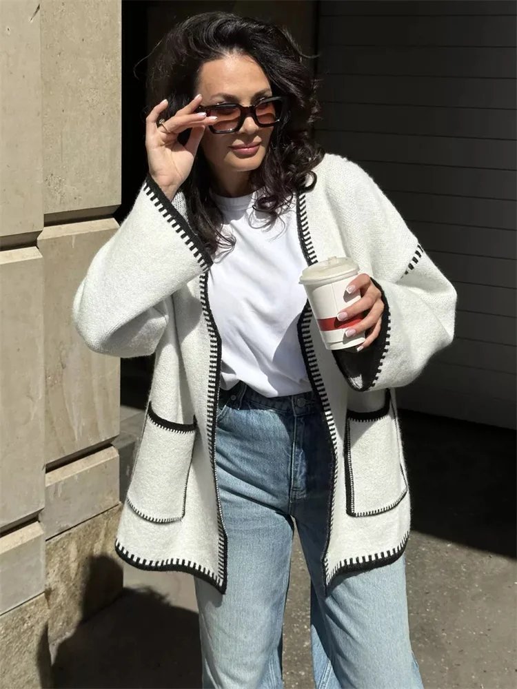 Lace-Up Patchwork Knit Coat - Image 2