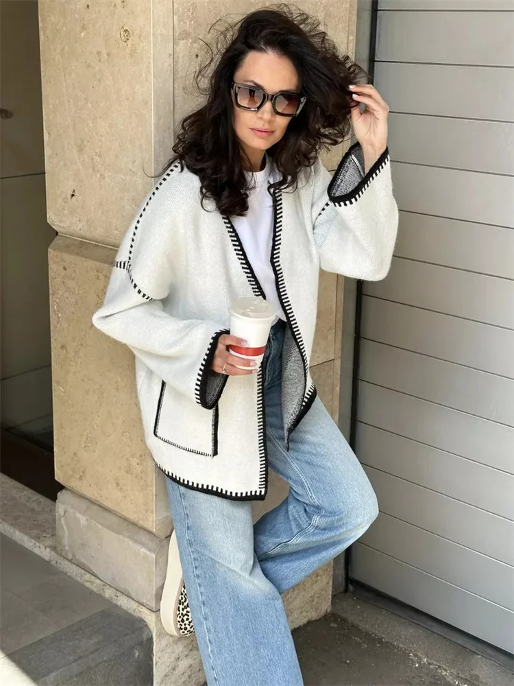 Lace-Up Patchwork Knit Coat - Image 3