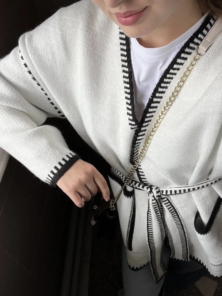 Lace-Up Patchwork Knit Coat - Image 4