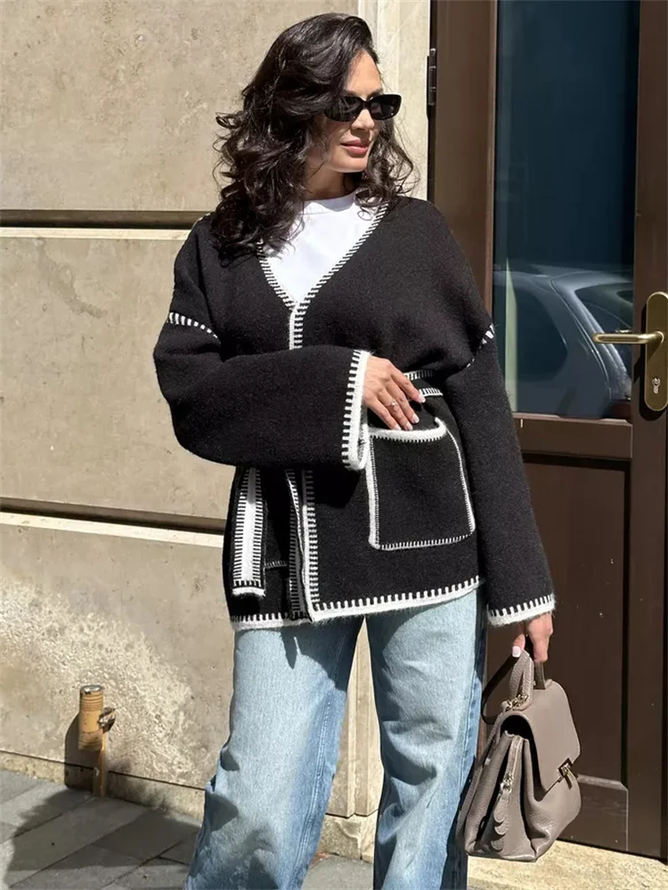 Lace-Up Patchwork Knit Coat - Image 5