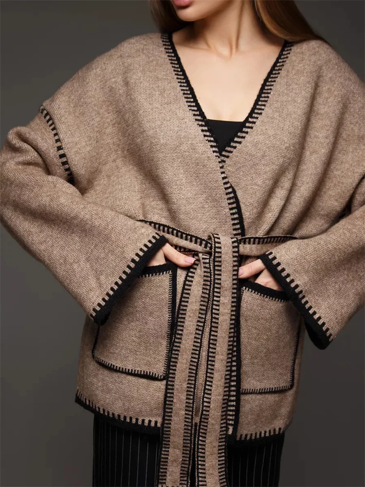 Lace-Up Patchwork Knit Coat - Image 6