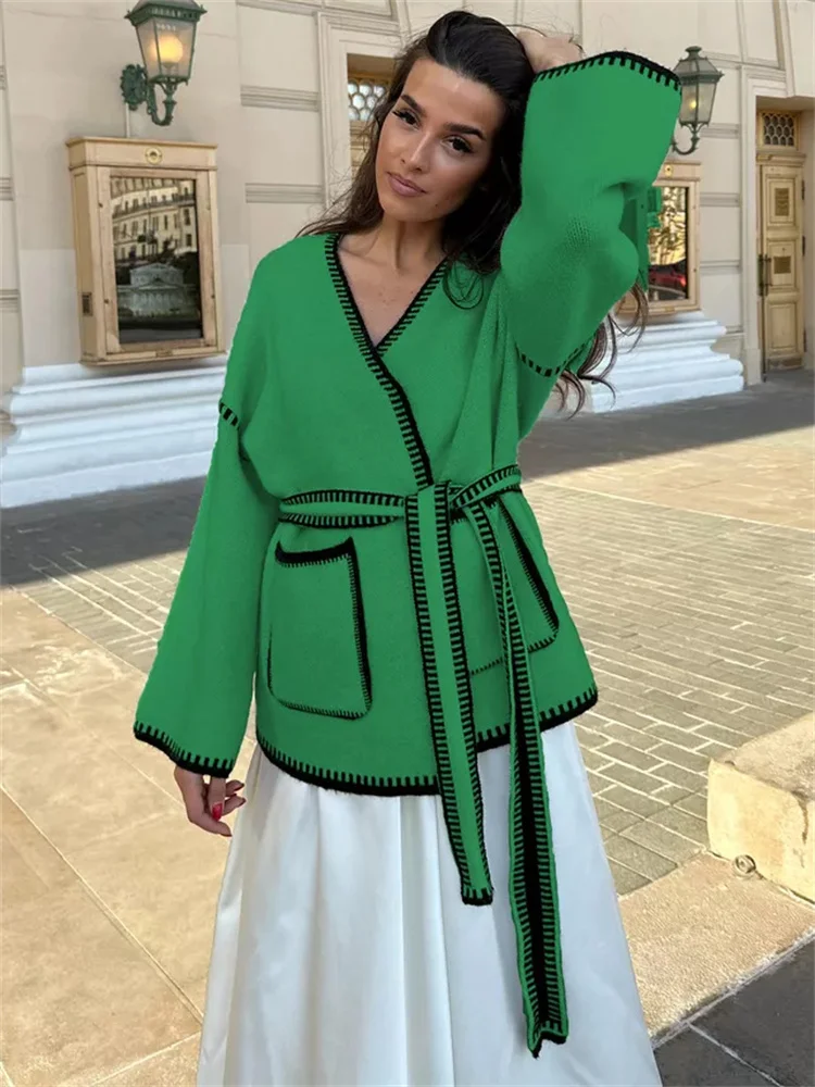 Lace-Up Patchwork Knit Coat - Image 7
