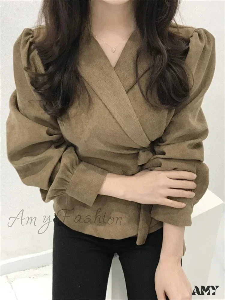 Lace-Up Vintage V-Neck Long Sleeve Elegant Slims Blouse - Image 2