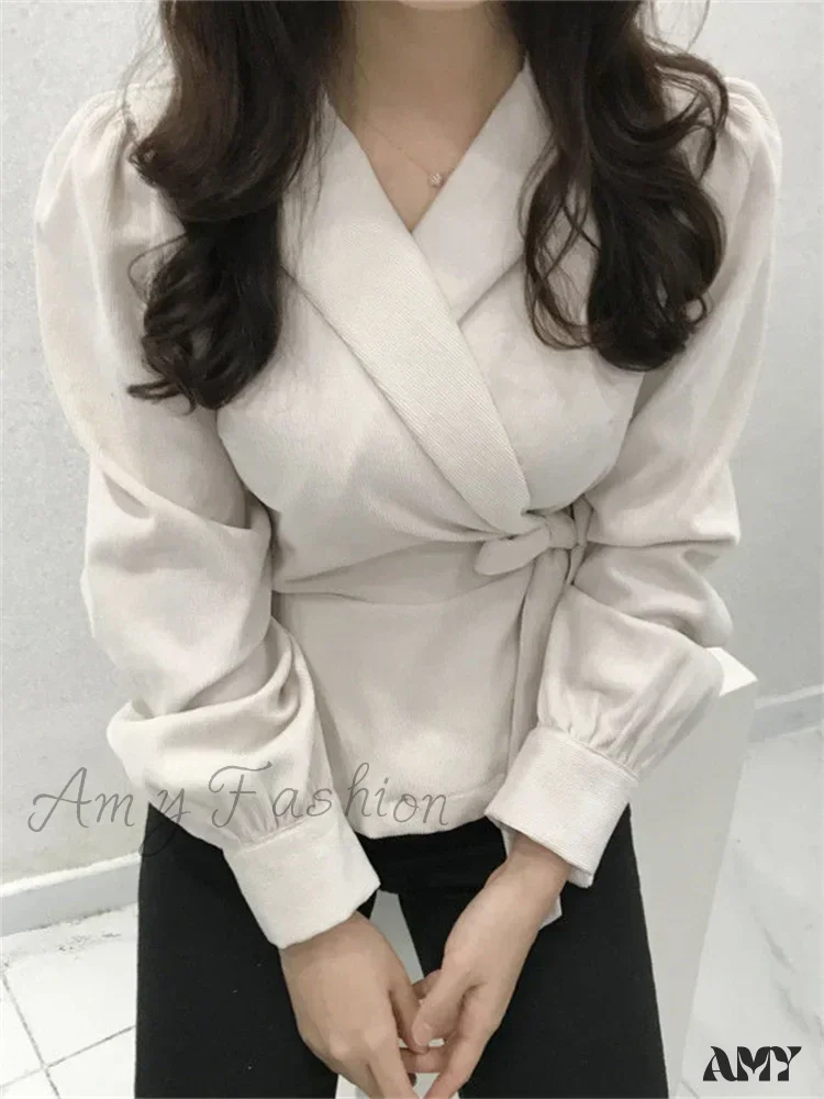 Lace-Up Vintage V-Neck Long Sleeve Elegant Slims Blouse - Image 3