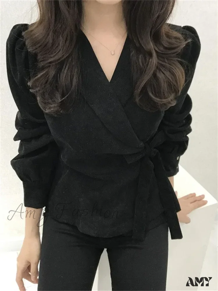 Lace-Up Vintage V-Neck Long Sleeve Elegant Slims Blouse - Image 5