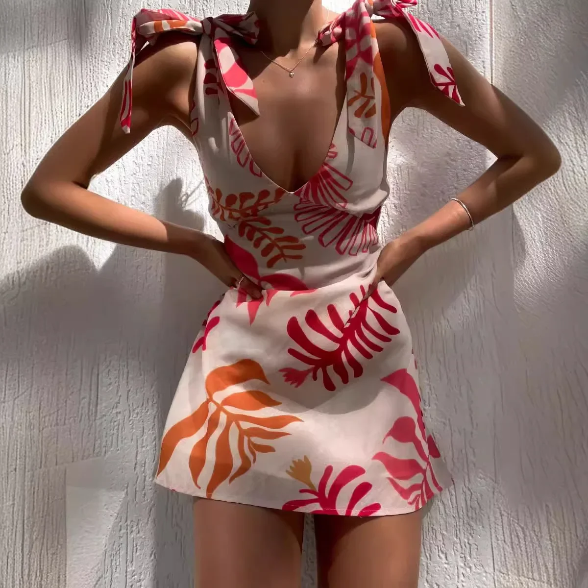 Leaf Print Bow Strap Mini Dress