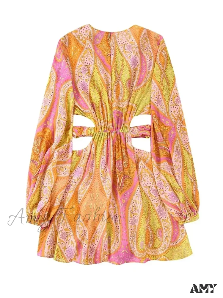 Amy Fashion - legant Print Hollow Out Pleated Mini Boho Dress - Image 3