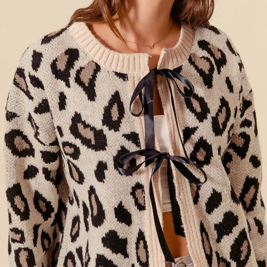 Leopard Contrast Bow Lace-up Knit Cardigan - Image 3