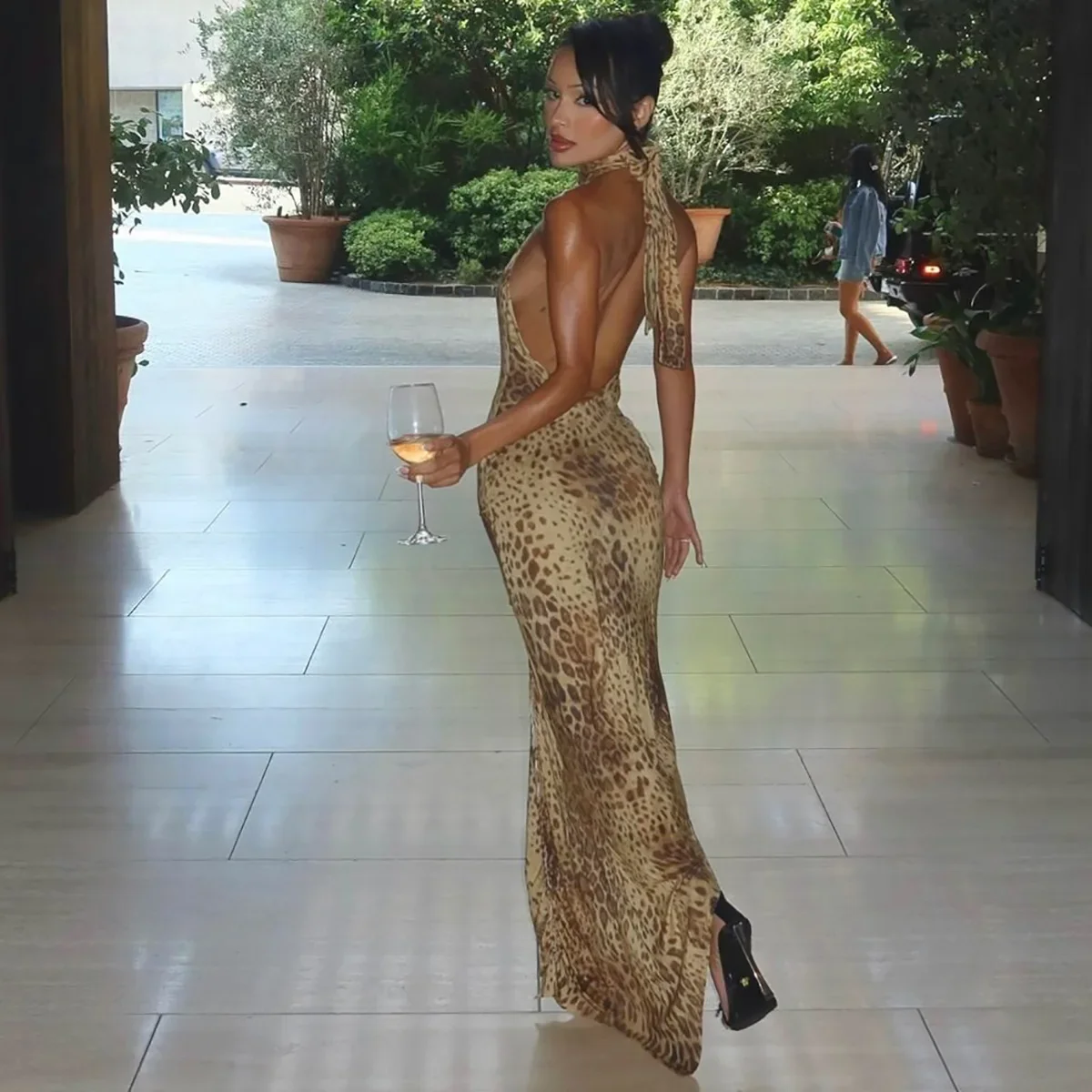 Leopard Halter Bandage Maxi Dress - Image 4