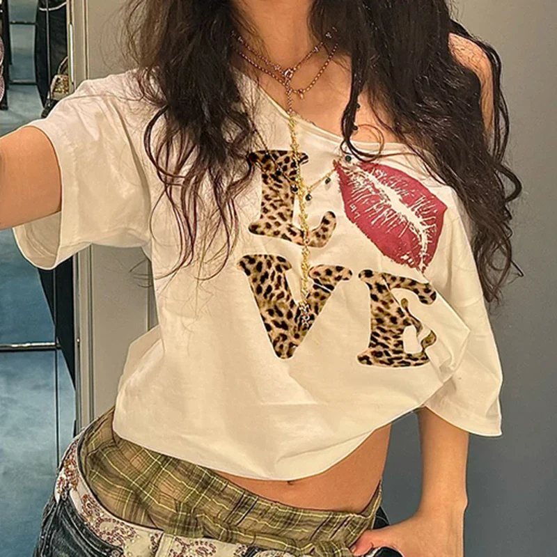 Leopard Letter Loose Street V-neck T-shirt