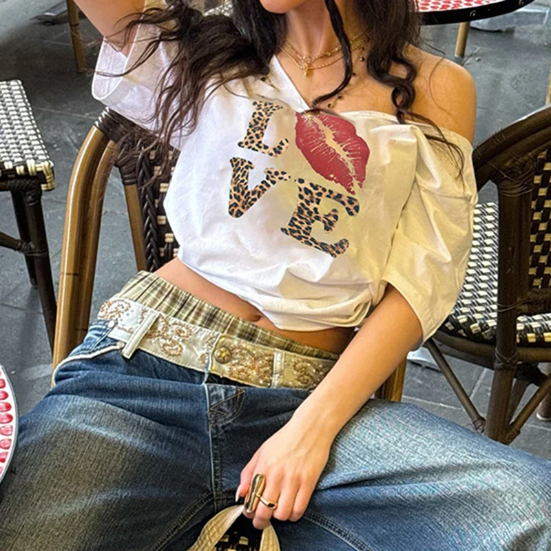Leopard Letter Loose Street V-neck T-shirt - Image 3