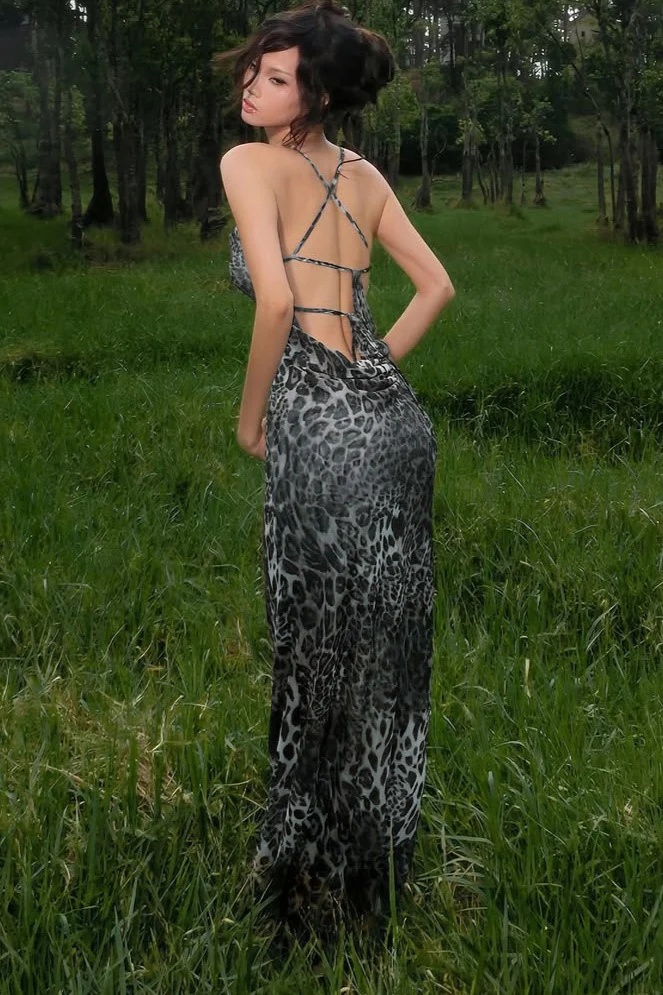 Leopard Print Backless Spaghetti Strap Party Dress - Image 3