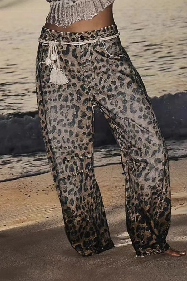 Leopard Print High-Rise Straight High-Street Jeans - Image 2