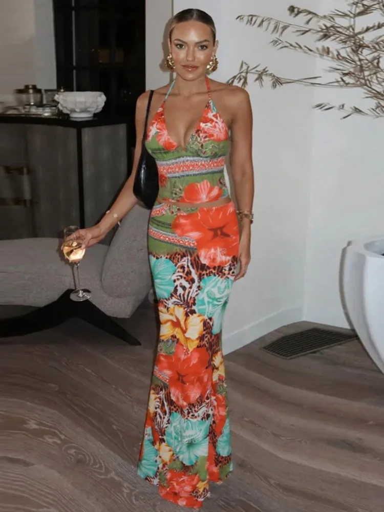 Leopard Print Lace-up Halter Crop Top Two Piece Vacation Dress - Image 5