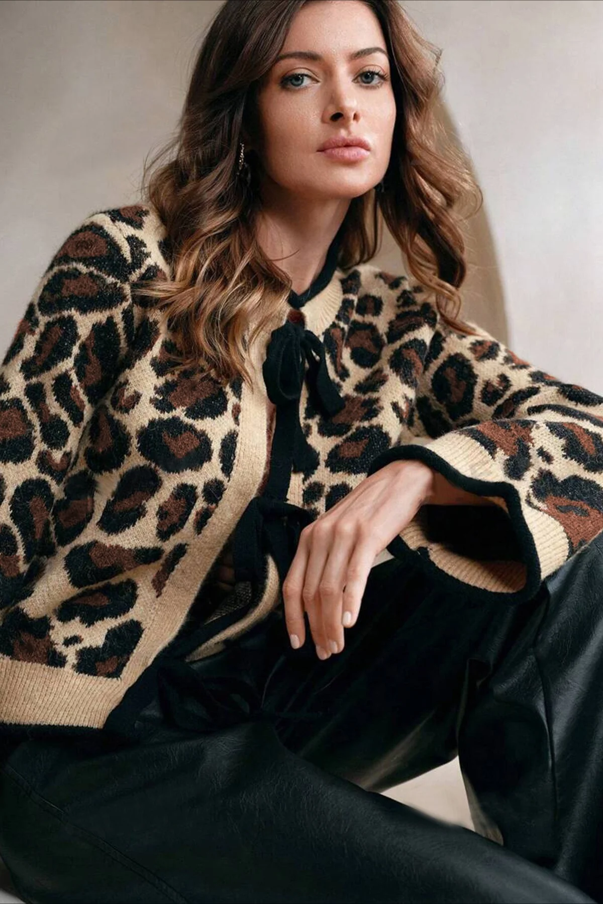 Leopard Print Loose Slouchy Drawstring Knit Cardigan - Image 2