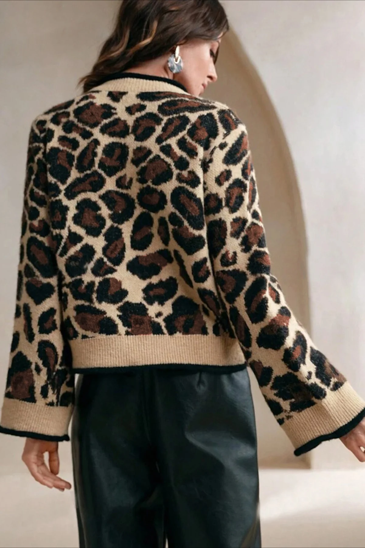 Leopard Print Loose Slouchy Drawstring Knit Cardigan - Image 3