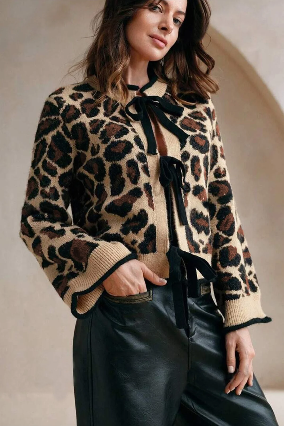 Leopard Print Loose Slouchy Drawstring Knit Cardigan - Image 4