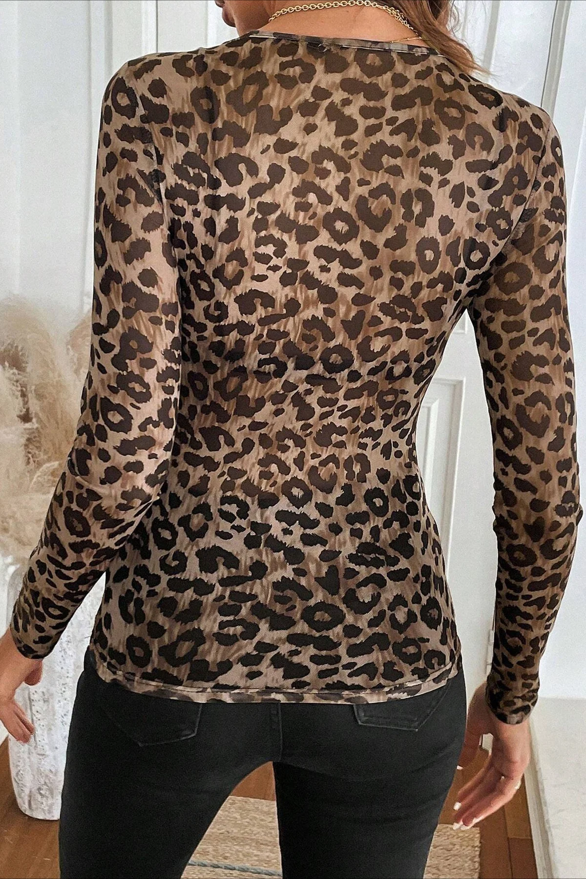 Leopard Print Mesh Sheer Long-Sleeve Blouse - Image 2