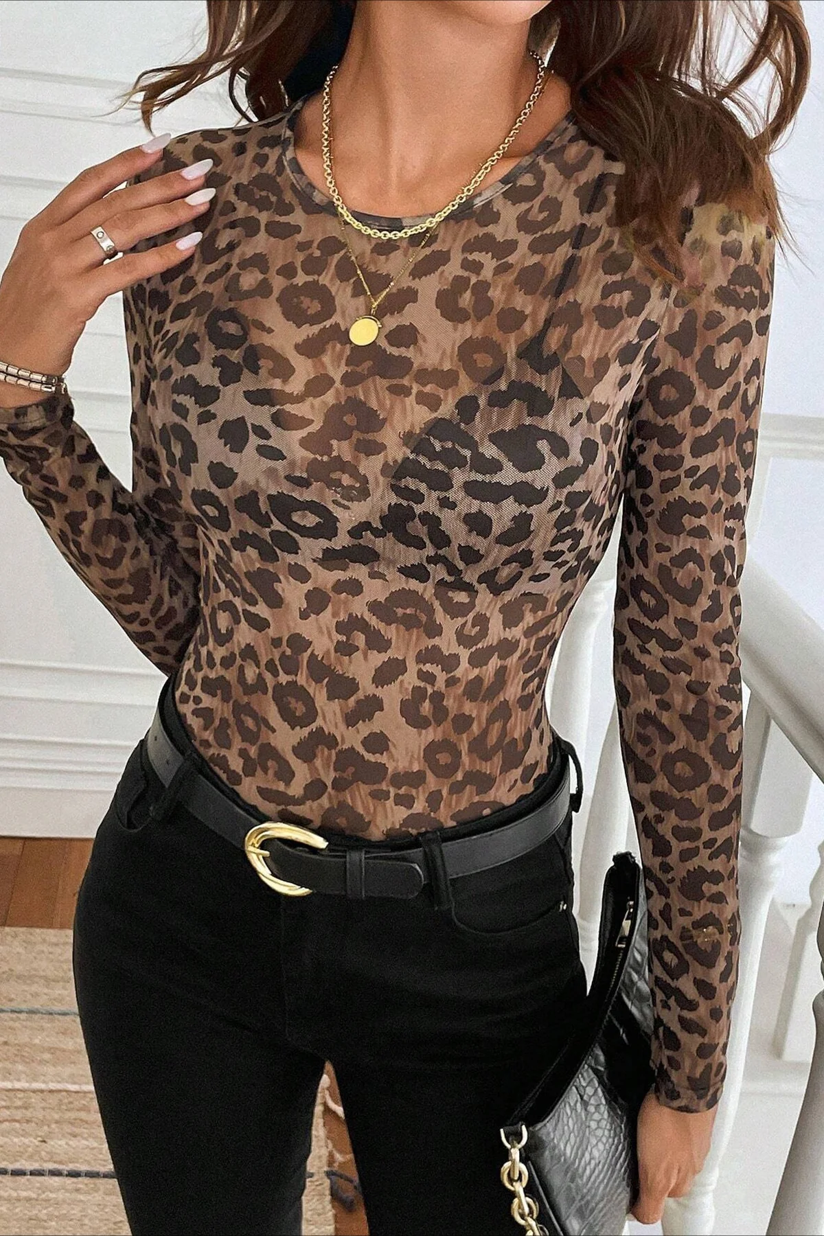 Leopard Print Mesh Sheer Long-Sleeve Blouse - Image 3