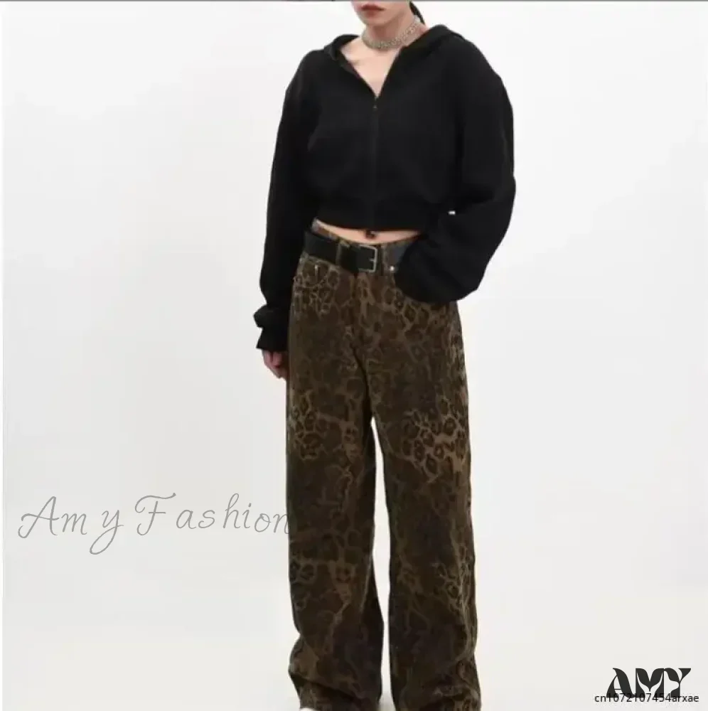 Leopard Print Retro Straight Tube Baggy Fashion Y2K New Winter Jeans - Image 2