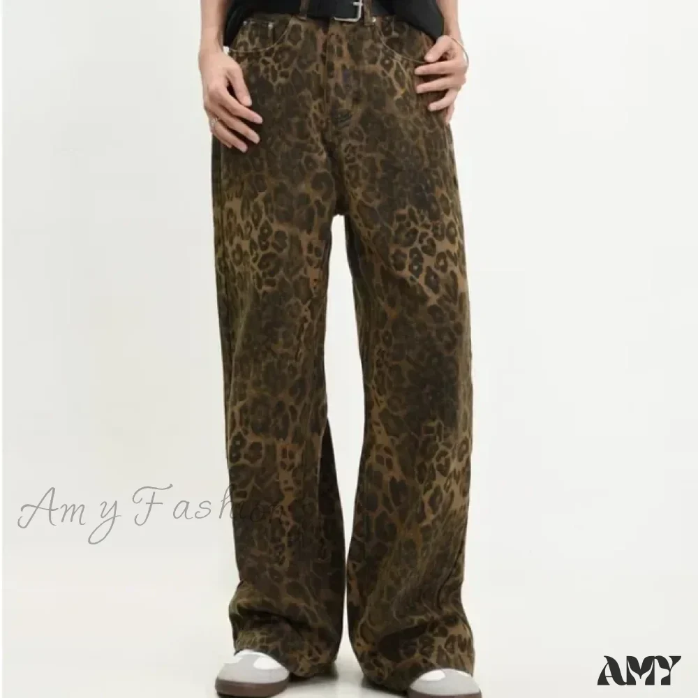 Leopard Print Retro Straight Tube Baggy Fashion Y2K New Winter Jeans - Image 6