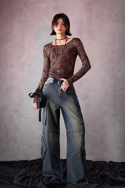 Leopard Print U-Neck Slim Long-Sleeve Blouse - Image 2