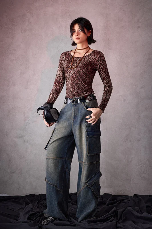 Leopard Print U-Neck Slim Long-Sleeve Blouse - Image 3