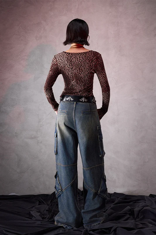 Leopard Print U-Neck Slim Long-Sleeve Blouse - Image 4