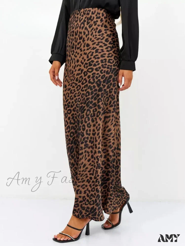Leopard Printed Long Summer Elegant High Waist Satin Silk A-Line Skirt - Image 2