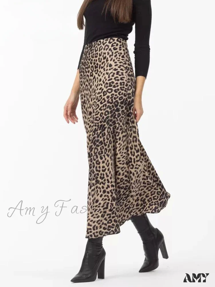 Leopard Printed Long Summer Elegant High Waist Satin Silk A-Line Skirt - Image 3