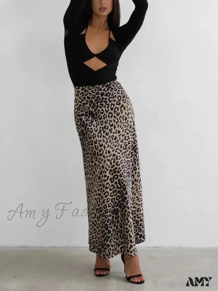 Leopard Printed Long Summer Elegant High Waist Satin Silk A-Line Skirt - Image 4