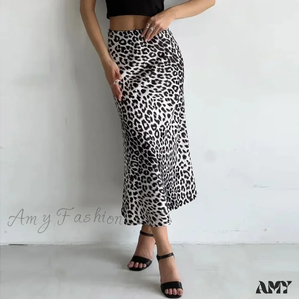 Leopard Printed Long Summer Elegant High Waist Satin Silk A-Line Skirt - Image 5