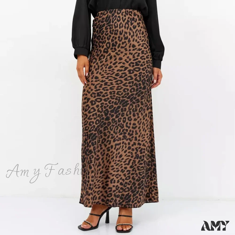 Leopard Printed Long Summer Elegant High Waist Satin Silk A-Line Skirt - Image 6