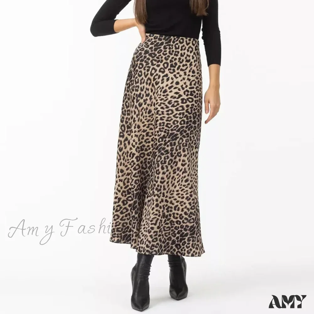 Leopard Printed Long Summer Elegant High Waist Satin Silk A-Line Skirt - Image 7