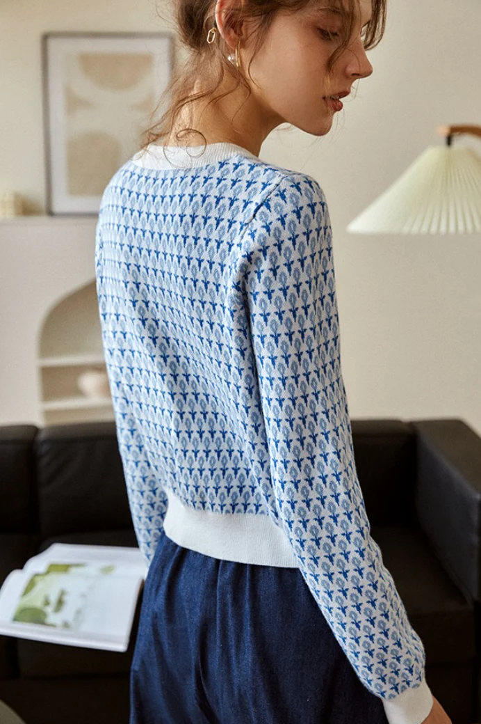 Light Blue Crew Neck Long Sleeve Short Cardigan - Image 5