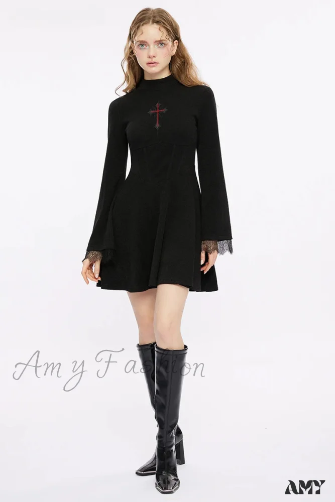 Light Cross Embroidered Basic A Line Flared Cuffs Lace Decorated Sexy Black Gothic Dress - Image 3