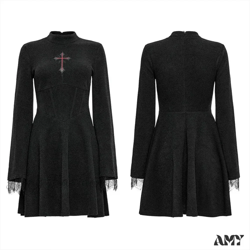 Light Cross Embroidered Basic A Line Flared Cuffs Lace Decorated Sexy Black Gothic Dress - Image 4