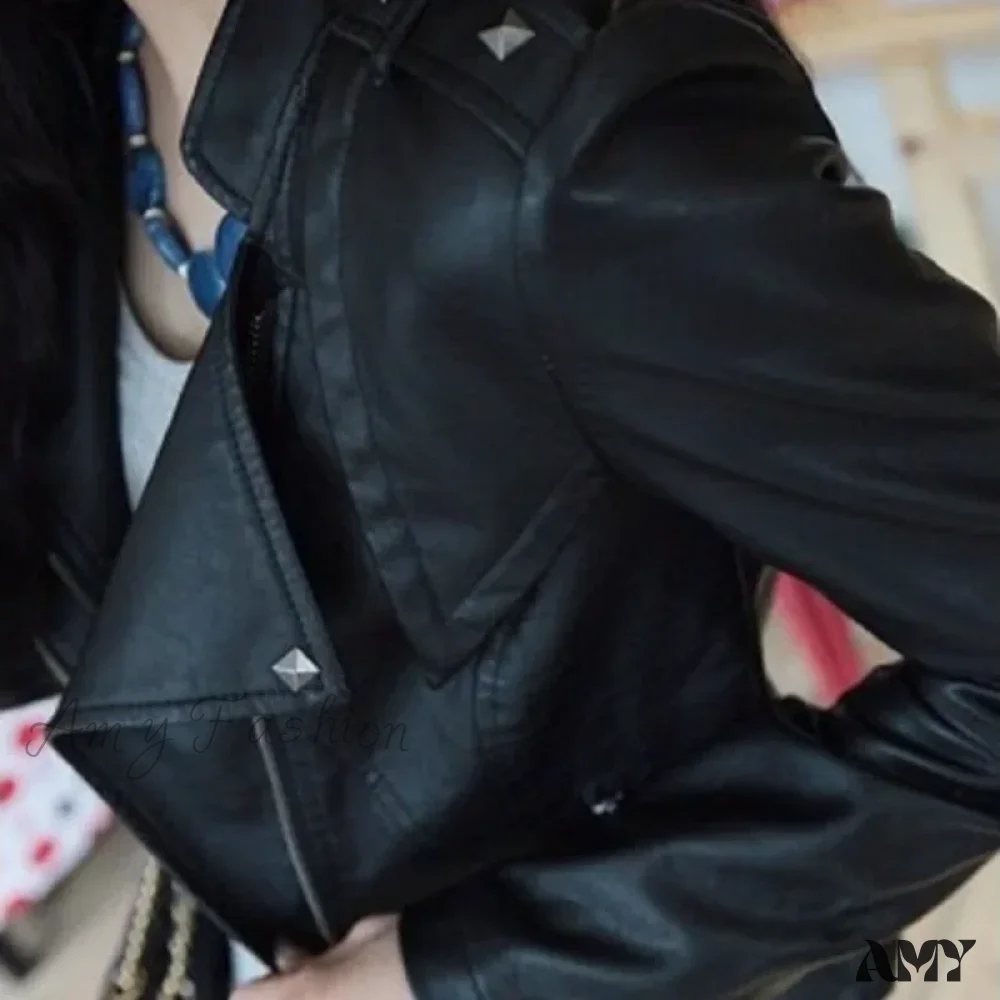 Locomotive PU Leather Short Slim-Fit Stand-Up Collar Rivet Leather Jacket - Image 4