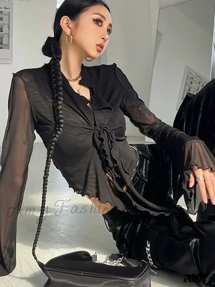 Long Flare Sleeve Lace-up Mesh Sexy Sweet Elegant Casual Blouse - Image 2